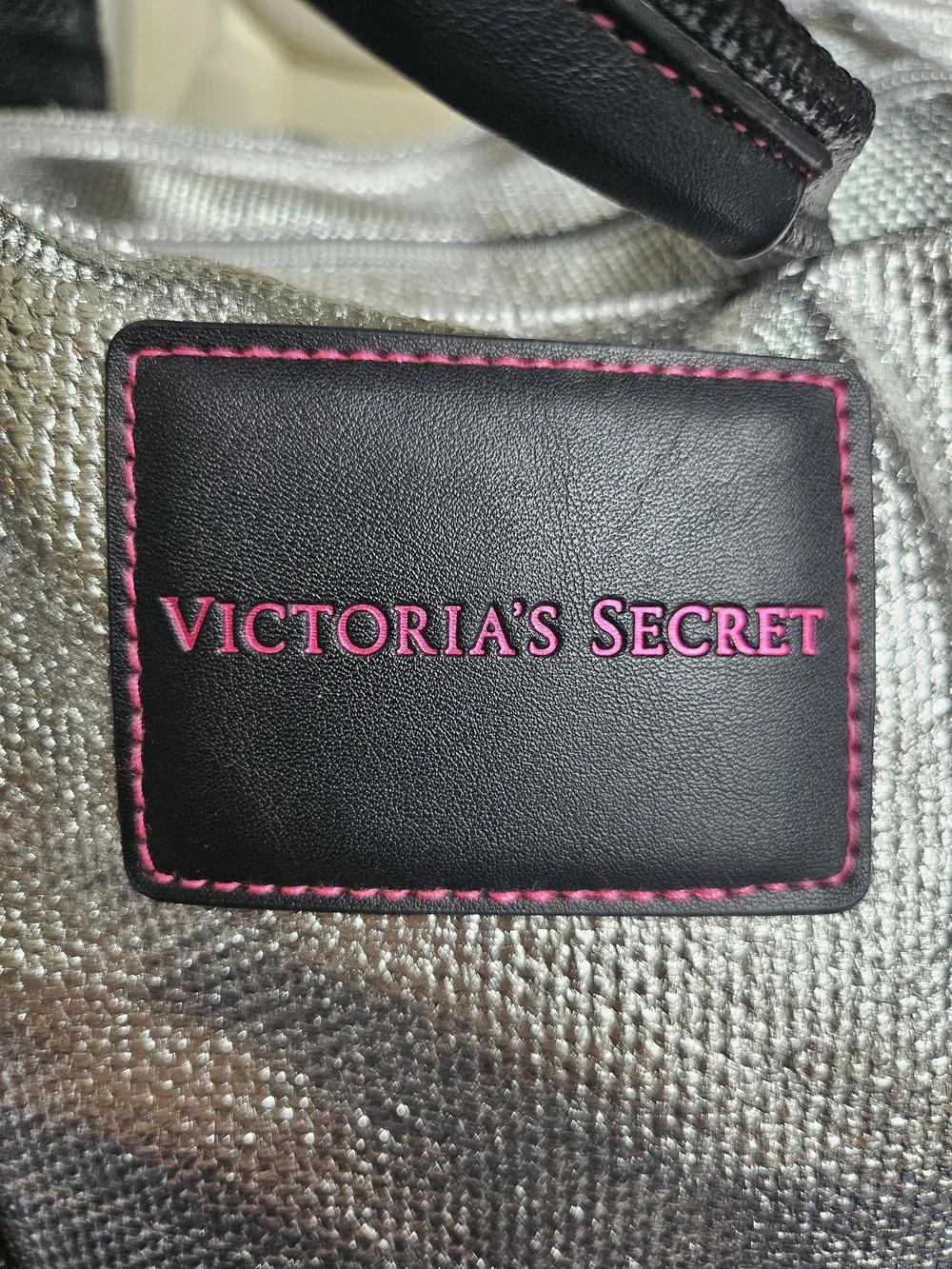 Victoria's Secret Silver Metallic Tote Bag with Black Trim